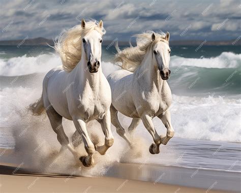 Premium Photo | Two white horses running on the beach