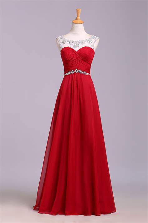 Red Floor Length Chiffon Prom Dress with Crystals, A Line Pleated ...