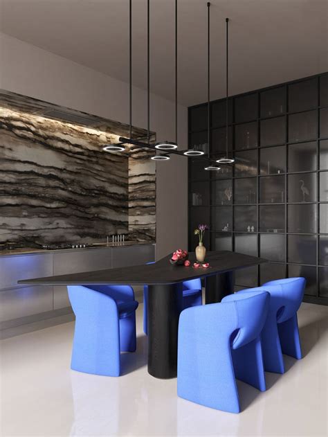 a modern dining room with black and blue chairs