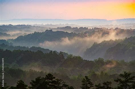 View from an overlook of rolling hills at sunrise near Cheaha Mountain in Alabama, USA Stock ...