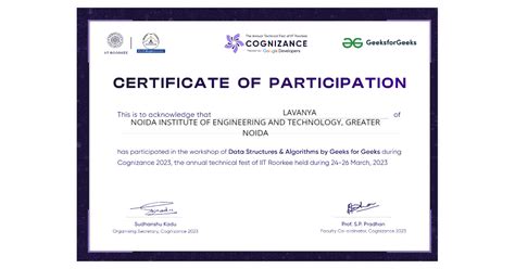 LAVANYA | Certificate of Workshop on Data Structures and Algorithms (DSA) by GeeksforGeeks(GFG ...