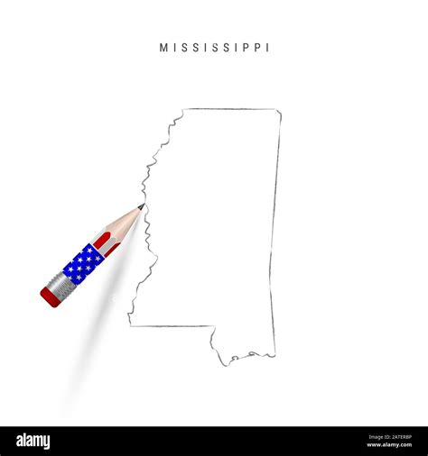 Mississippi US state map pencil sketch. Mississippi outline contour map with 3D pencil in ...