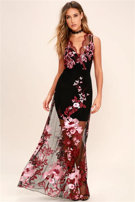 Lovely Embroidered Maxi Dress - Wine Red and Black Dress - Sheer Maxi ...