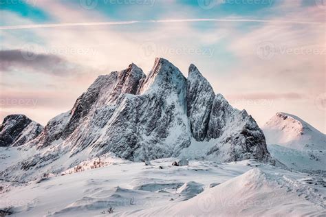 Snowy mount with colorful sky on Segla mountain in Senja island on ...