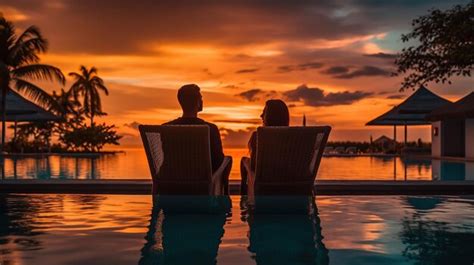 Premium AI Image | Couple relaxing in a pool at sunset with a sunset in the background.