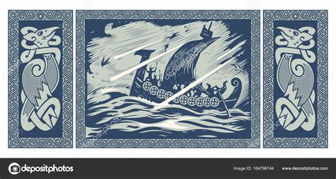 Viking design. Drakkar sailing in a stormy sea. In the frame of the ...