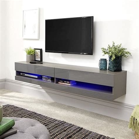 Goole Wall Mounted Medium TV Wall Unit In Grey Gloss With LED | Furniture in Fashion