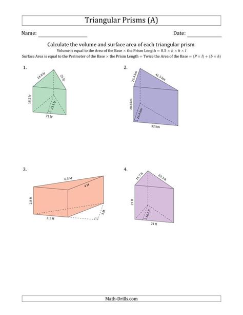 Surface Area Of Rectangular And Triangular Prisms Worksheets