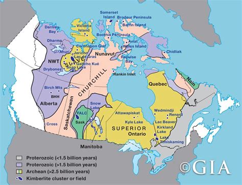 Geology of the Canadian Shield, showing the location of diamond mines ...