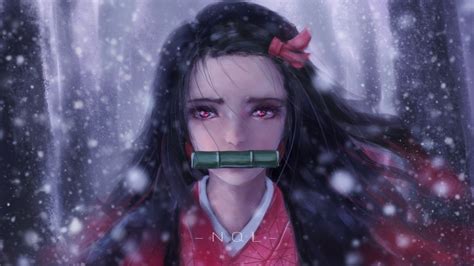 Demon Slayer Red Eyes Nezuko Kamado Wearing Red Dress With Shallow Background Of Snow Falling HD ...