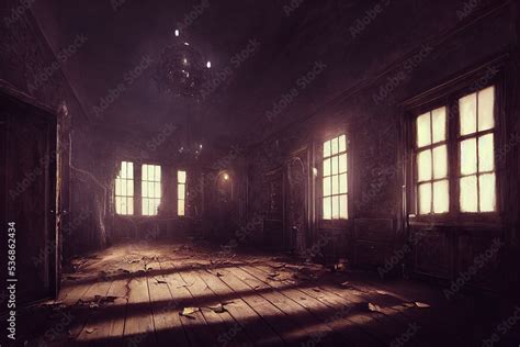 creepy interior of an abandoned building background, concept art, digital illustration, haunted ...