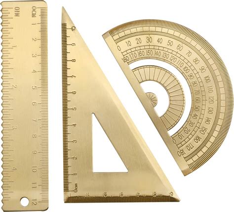 3Pcs Brass Math Geometry Set Golden 12cm Ruler Protractor Triangle ...