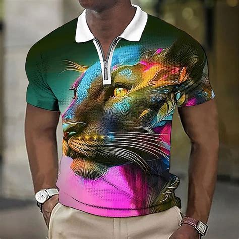 Men's Animal Leopard Graphic Prints Waffle Polo Shirt Polo Shirt Zip ...