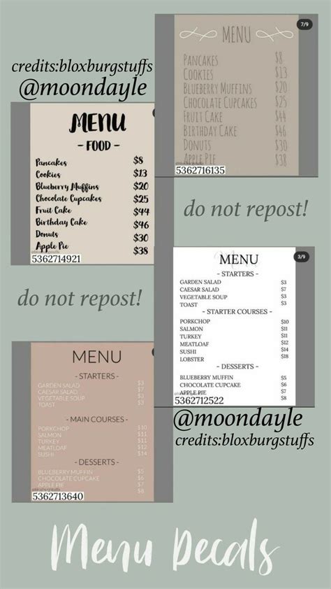 Bloxburg Cafe Menu