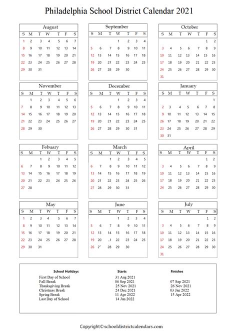 Philadelphia School District Calendar 2021-2022 With Holidays in PDF ...