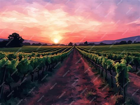 Premium AI Image | A painting of a vineyard with a sunset in the ...