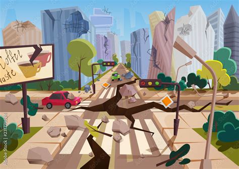 Realistic earthquake with ground crevices in cartoon ruined urban city ...