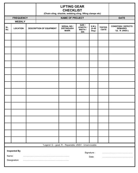 Lifting Gear Construction Checklist - Construction Documents And Templates