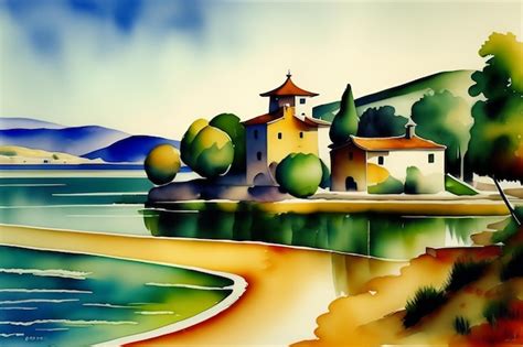 Premium AI Image | A painting of a small village by the water