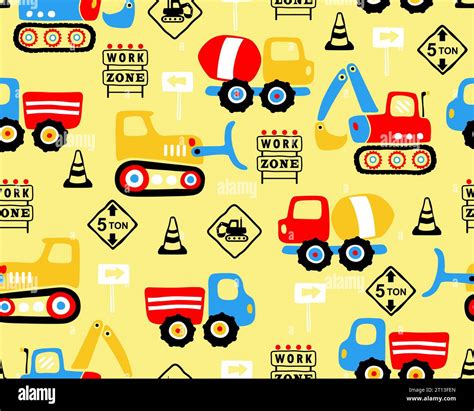 Vector seamless pattern of hand drawn industry vehicle cartoon, construction signs Stock Vector ...