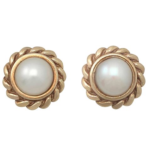 Pearl and 9k Yellow Gold Stud Earrings - Vintage Circa 1990 For Sale at ...