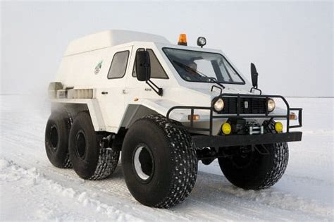 A Russian made Trecol, a 6 wheel all terrain vehicle, on the frozen ...