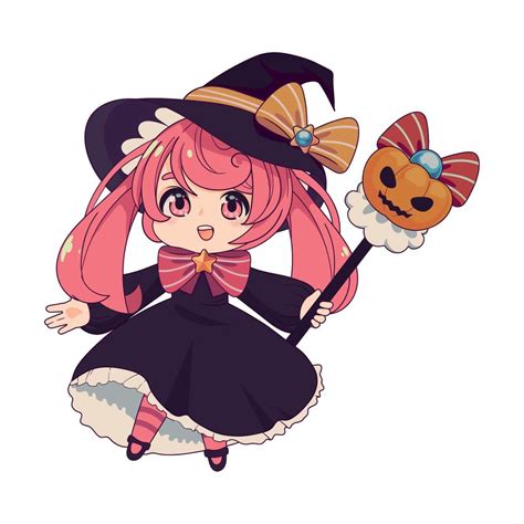 anime chibi witch with pumpkin wand 11483097 Vector Art at Vecteezy