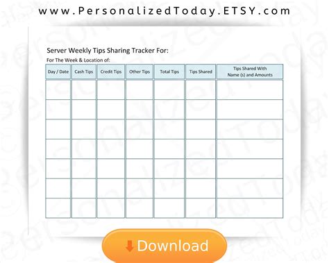 Server Tips Tracker Sheet for Tip Sharing PDF Digital Download US Letter Size (Download Now) - Etsy
