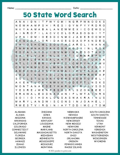 USA GEOGRAPHY Worksheet - All 50 (Fifty) US States Word Search Puzzle ...