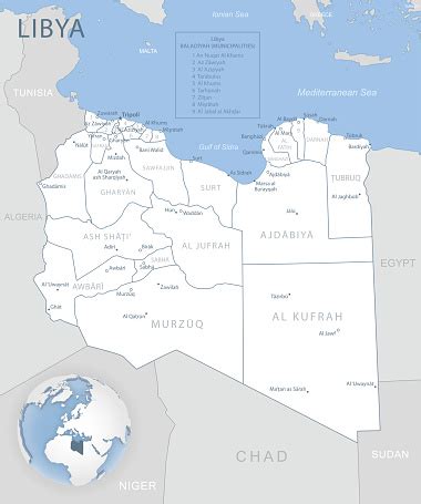 Bluegray Detailed Map Of Libya Administrative Divisions And Location On The Globe Stock ...