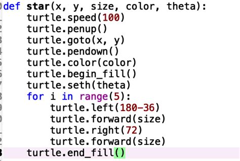 Solved def star(x, y, size, color, theta): turtle.speed(100) | Chegg.com