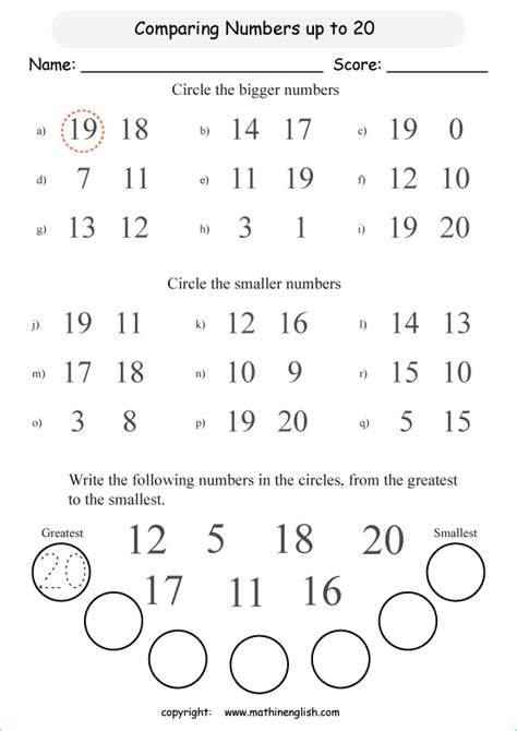 Compare Numbers Up To 20 Grade 1 Math Worksheet For Math Tutoring | Worksheets Samples