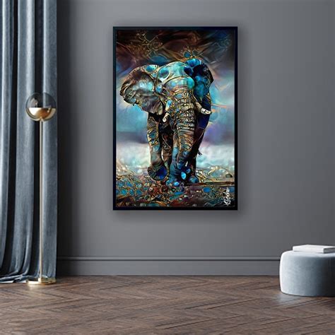 Blue Gold Detailed Elephant Canvas Wall Art, Elephant Poster, Animal ...