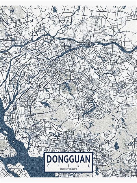 a map of the city of dongguan, china in blue and white ink