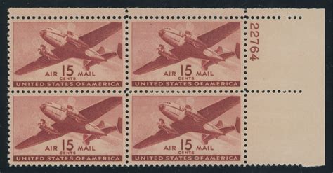 USA C28 - 15 cent Airmail Plate Block #22764 - XF Mint never hinged ...