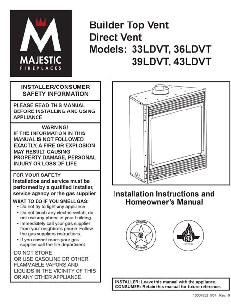 MAJESTIC FIREPLACES 36LDVT 39LDVT INSTALLATION INSTRUCTIONS AND ...