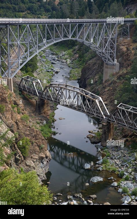 Feather River Canyon Road and Railway Bridges Stock Photo - Alamy