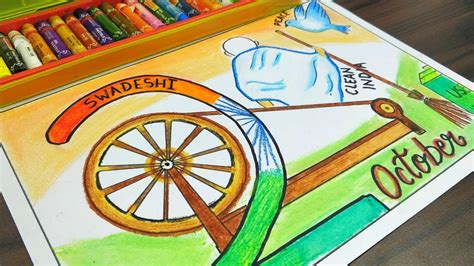 Gandhi jayanti drawing with oil pastels/ how to draw gandhi jayanti poster / 2nd October drawing ...