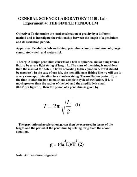 Experiment 4: Simple Pendulum Lab - Docsity