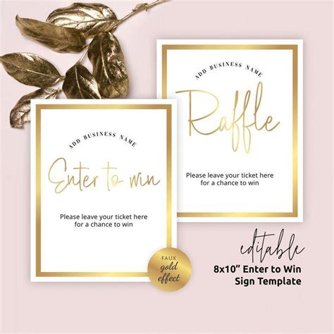 DIY Raffle Sign Template, Gold Effect Enter to Win Poster 8x10 ...