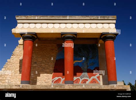 Greece, Crete, Knossos, archeological site, Palace of King Minos, the North entrance columns ...