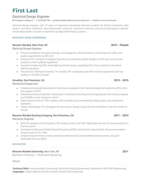 Electrical Design Engineer Resume Example for 2023 | Resume Worded