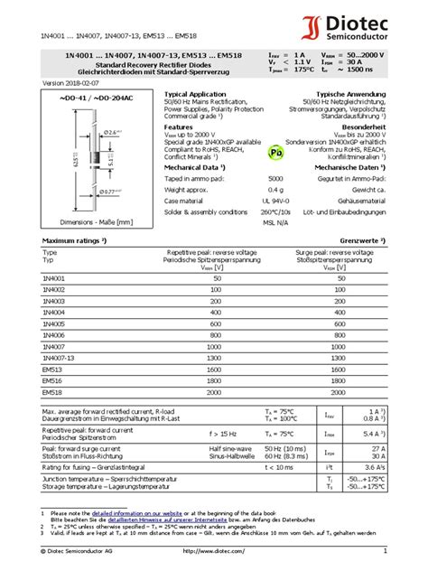 1n4001 Diode Datasheet | PDF