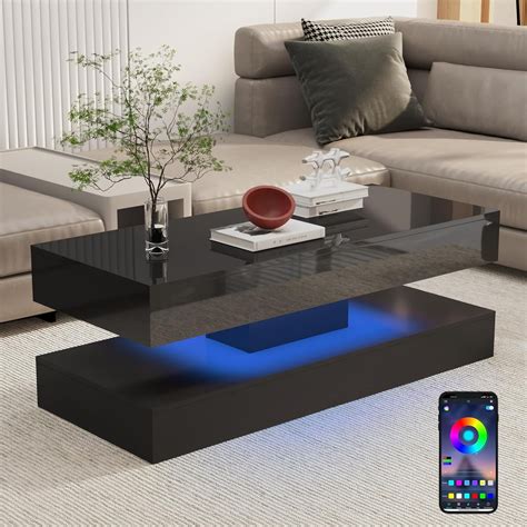 ChVans LED Coffee Table with 2 Storage Drawers, Modern High Gloss Black Coffee Table w/20 Colors ...