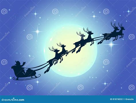 Santa Claus In Sleigh And Reindeer Sled On Background Of Full Moon In ...