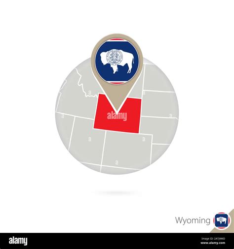 Wyoming US State map and flag in circle. Map of Wyoming, Wyoming flag pin. Map of Wyoming in the ...