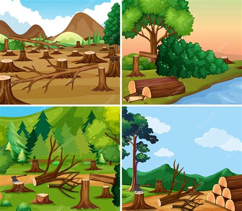 Premium Vector | Four different scenes of deforestation