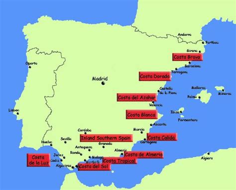 Map of southern Spain resorts - Map of southern Spain holiday resorts (Southern Europe - Europe)