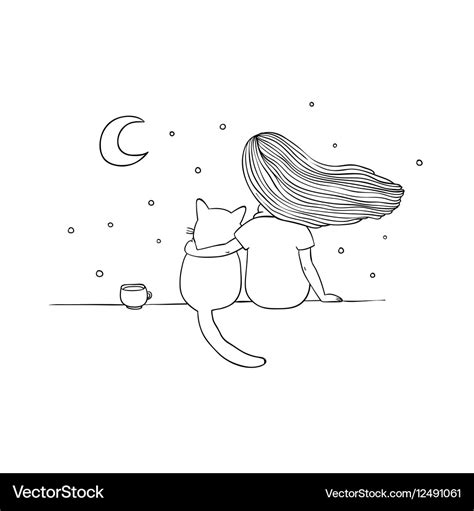 Girl and a cat on the roof Royalty Free Vector Image