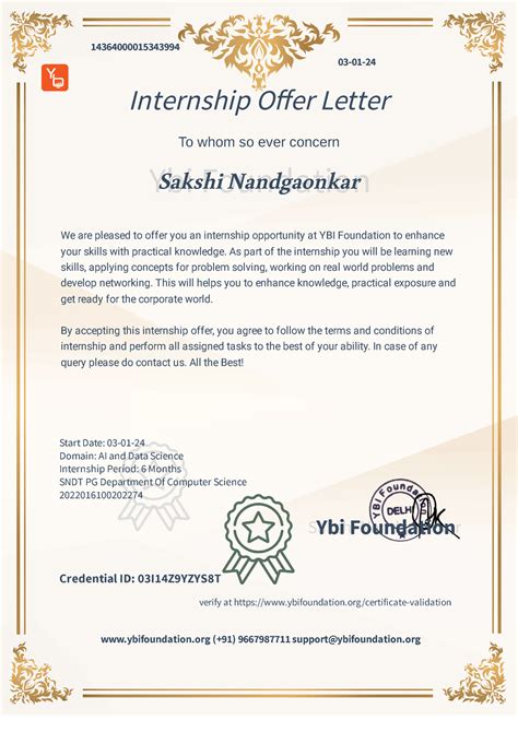 Sakshi Offer Letter - mksdmxksdkd - Ybi Foundation Sakshi Nandgaonkar Internship Offer Letter To ...